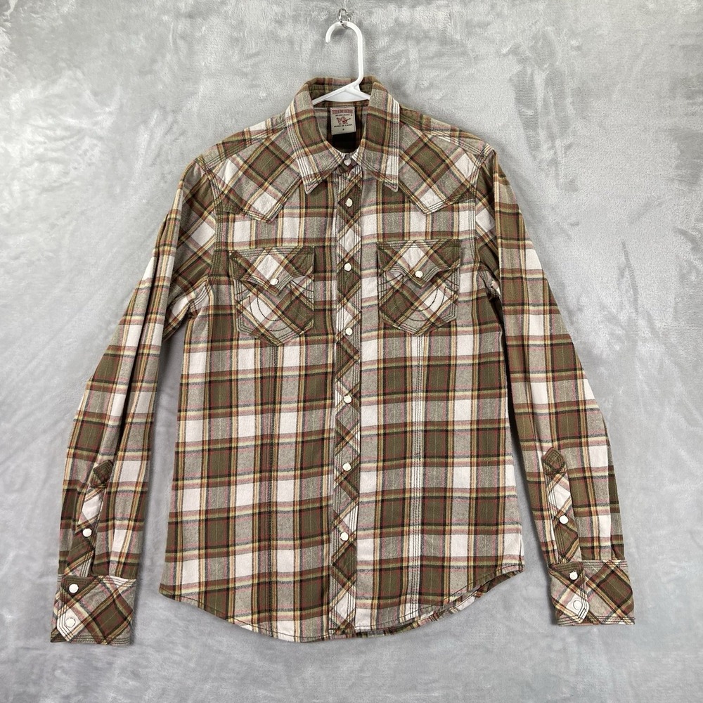 True Religion Shirt men's Small Western Pearl Snap Flannel Plaid Flap Pockets